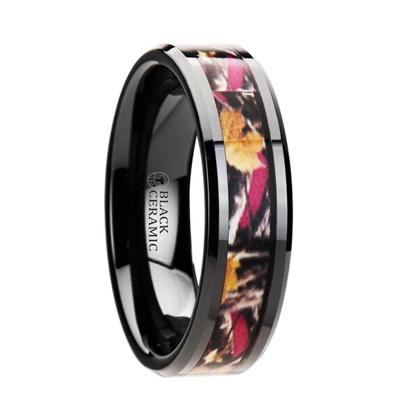 LAUREL Polished Flat Style Black Ceramic Wedding Ring with Real Camo Pink Oak Leaves Inlay and Polished Beveled Edges Co