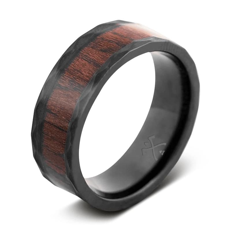 Manly Bands THE OVERLANDER Black Zirconium with Inlay 8mm Hammered Band