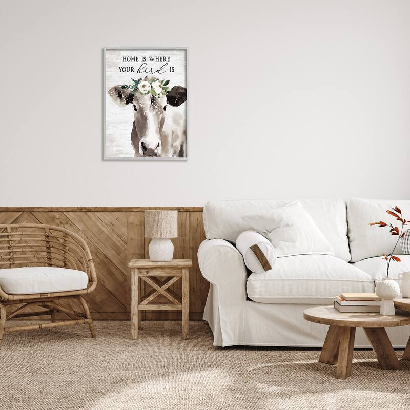 Stupell Home's Where Your Herd Is Boho Floral Cow Framed Wall Art