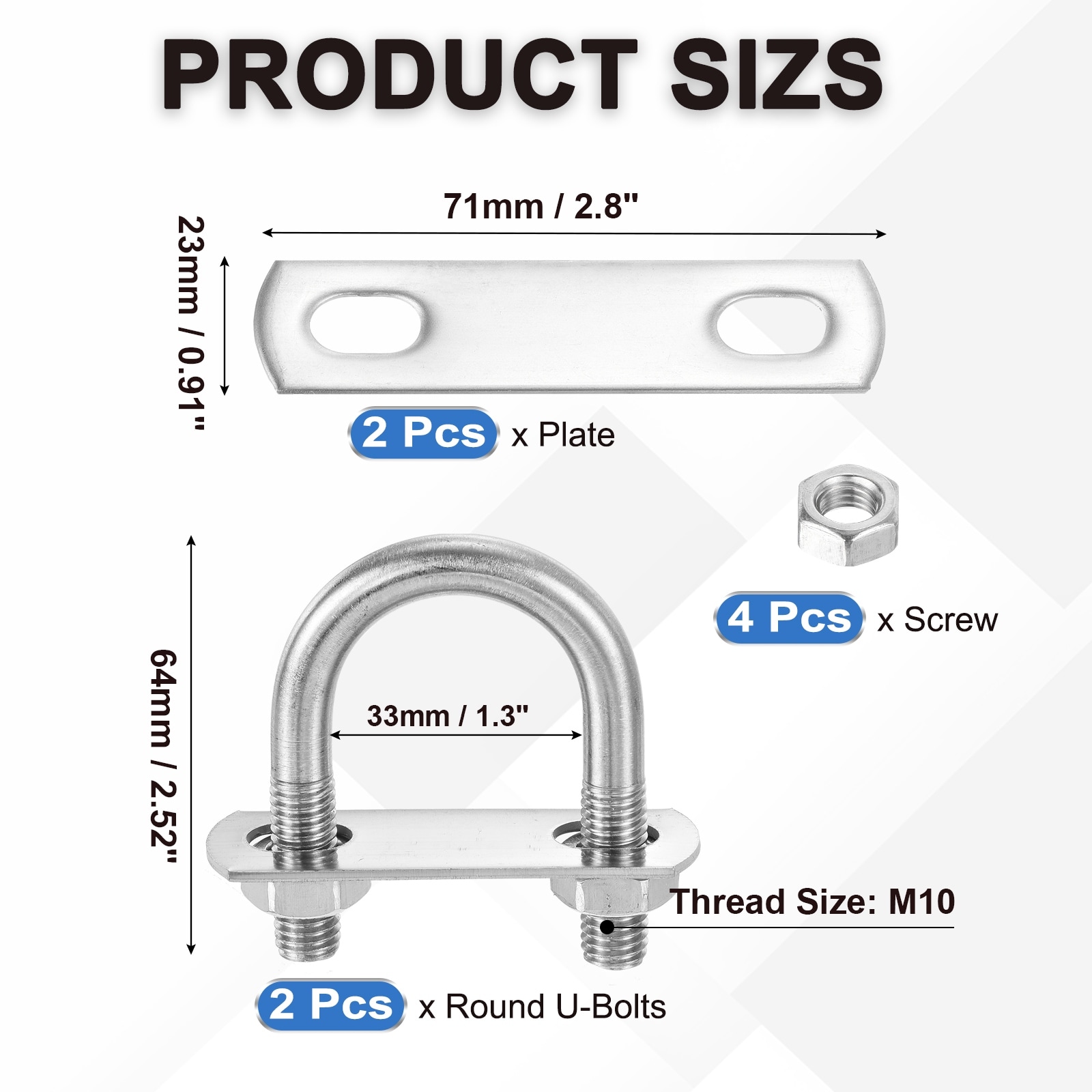 Round U-Bolts with Nut Plate Washer Stainless Steel Round Bend U-Bolts for Boat