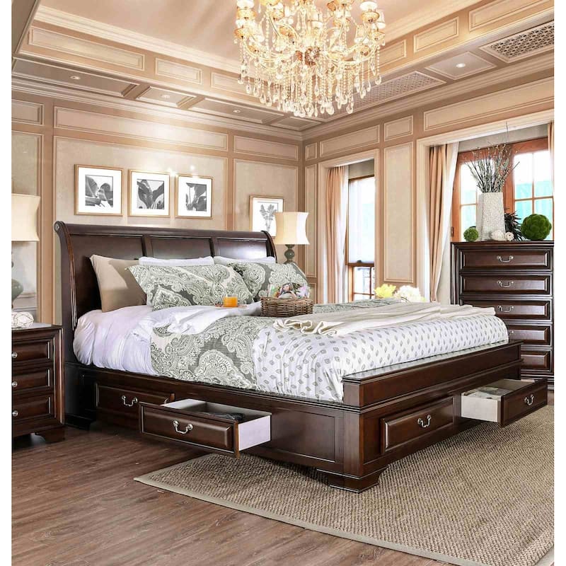 Elegant 1Pc Storage Bed Brown Cherry Finish