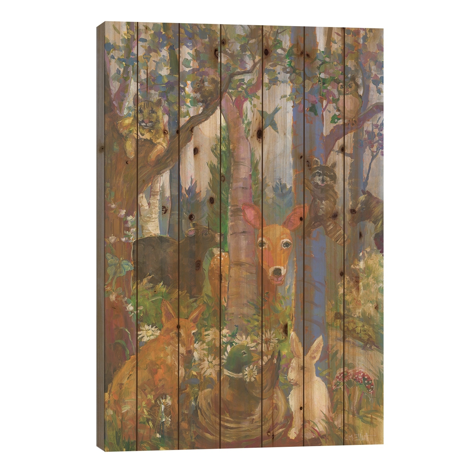 Animals Of The Forest Print On Wood by Catherine M. Elliott - Multi-Color