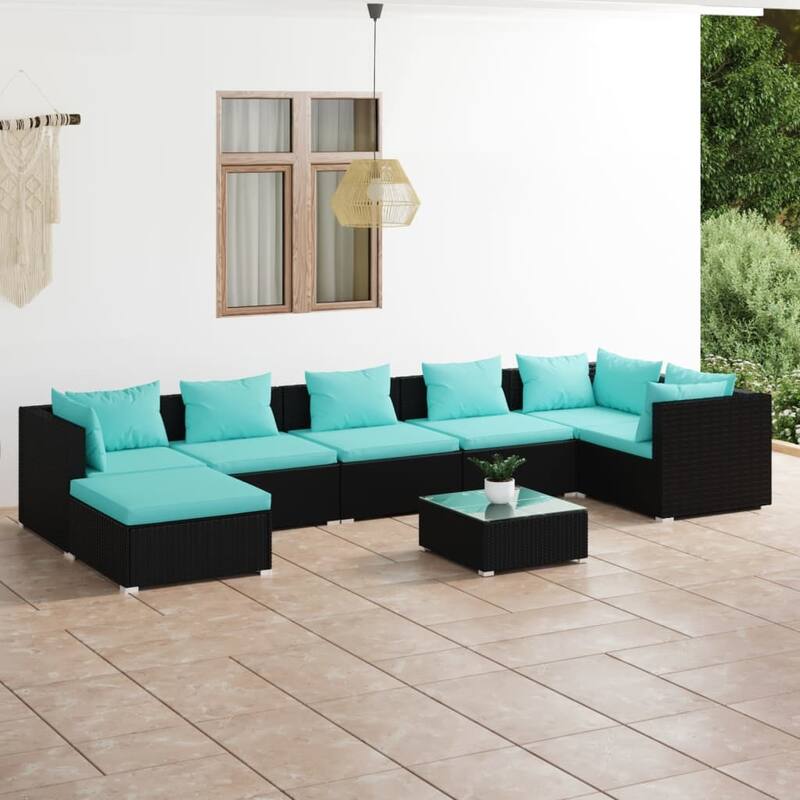 vidaXL Patio Lounge Set Outdoor Sectional Sofa Set Table Garden Poly Rattan - 27.6" x 27.6" x 23.8" - Black 8 Piece