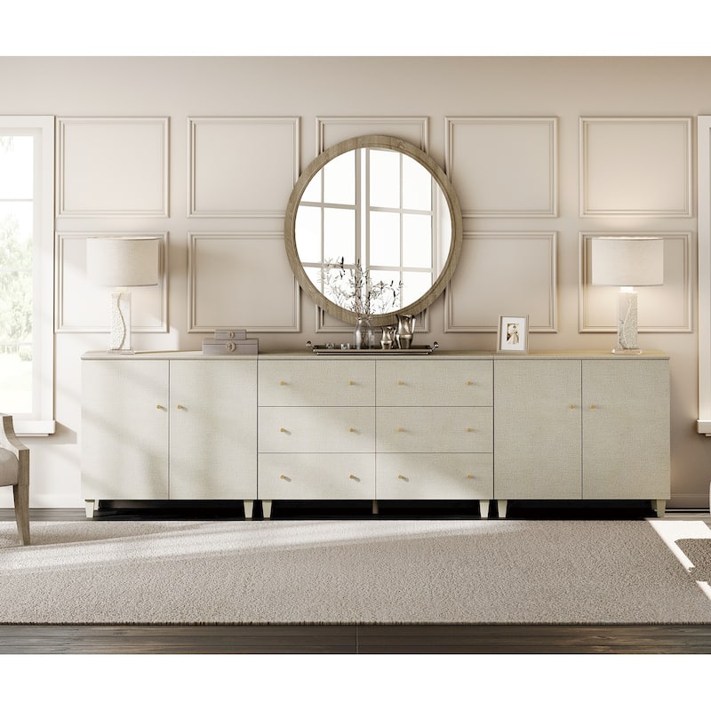 Wood Dresser with 6 Drawers and 2 Cabinets for Bedroom, 118" Wide - Beige