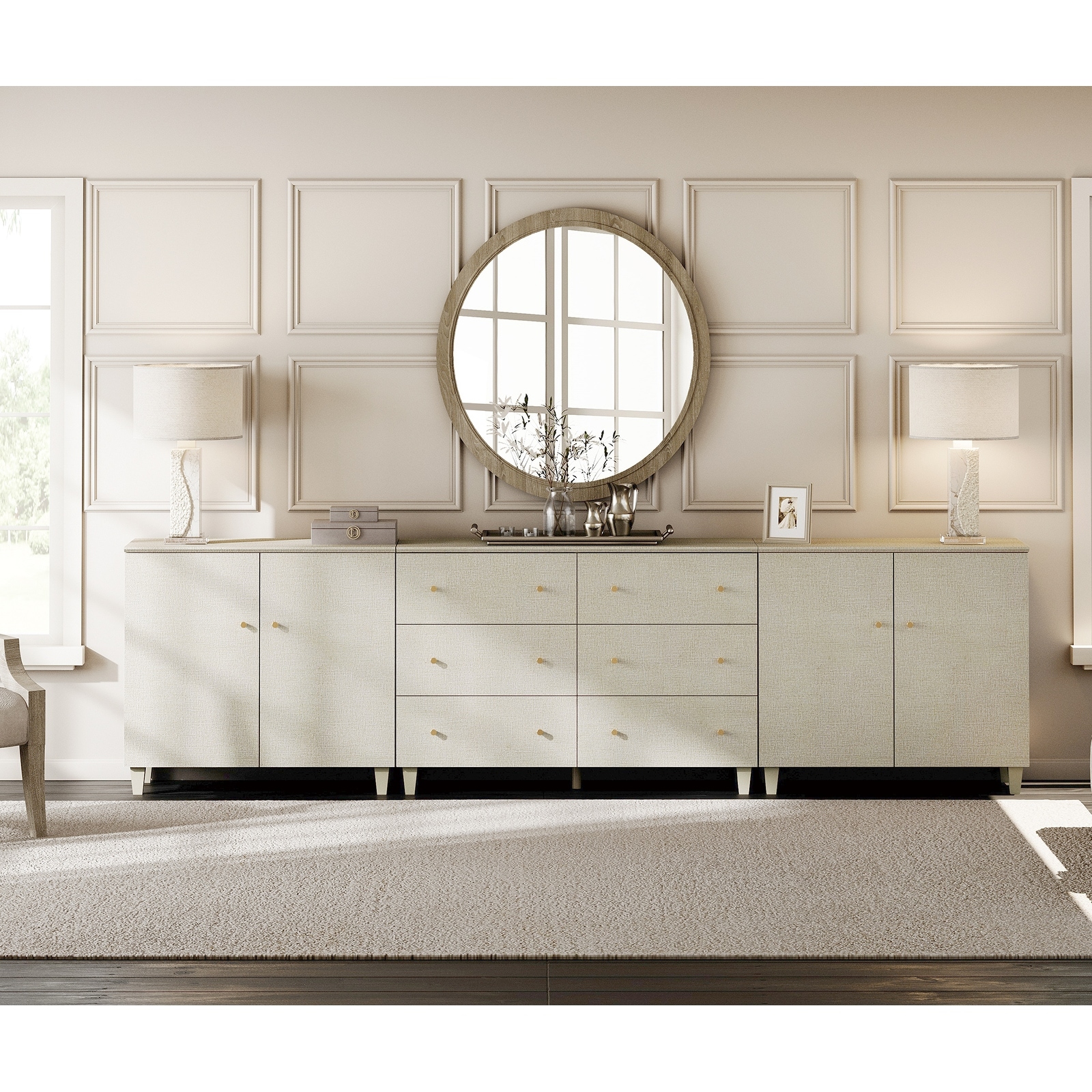 Wood Dresser with 6 Drawers and 2 Cabinets for Bedroom, 118" Wide