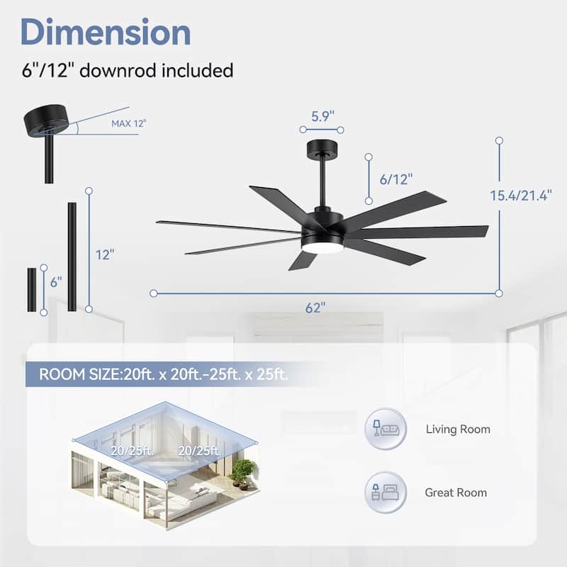 36/42/52/56/62/72/84-Inch Reversible Blade Integrated LED Ceiling Fan with Light Remote