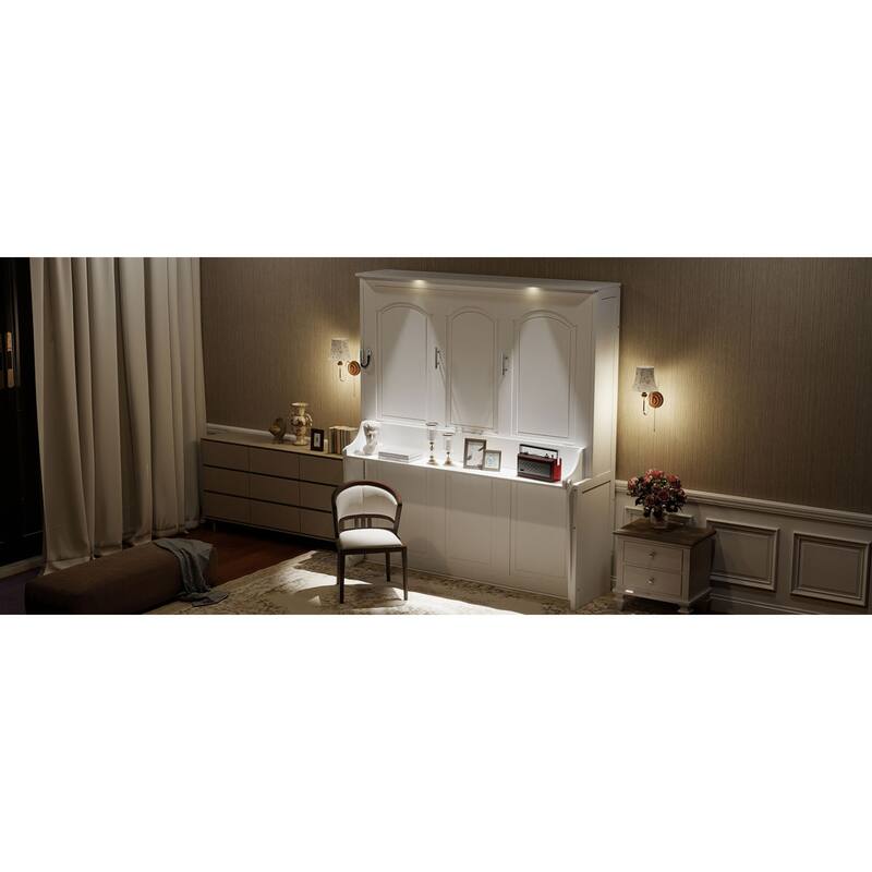 Roomfitters Queen Size Murphy Bed with Folding Desk and USB Charging Ports, Space-Saving Wall Bed with LED Lights