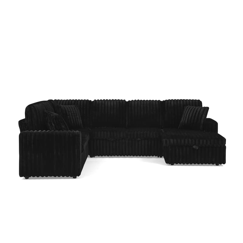 Corduroy Upholstered Reclining Sofa U-shaped Sleeper Sectional Couch with Pull Out Bed, Storage Chaise and Adjustable Backrests