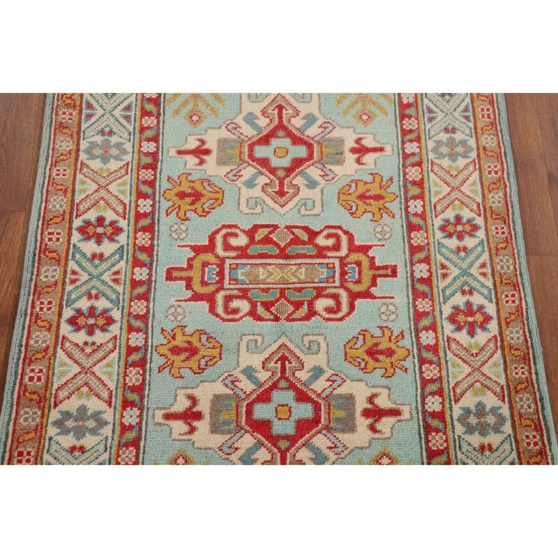 Turquoise Blue Kazak Oriental Accent Rug Hand-Knotted Wool Carpet - 2'9" x 3'11"
