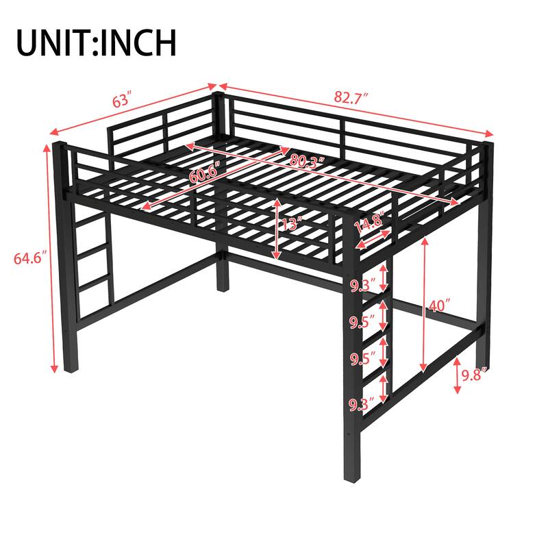 Queen Size Metal Loft Bed, Loft Bed with Easy Climbing Ladder and Guardrails , Black
