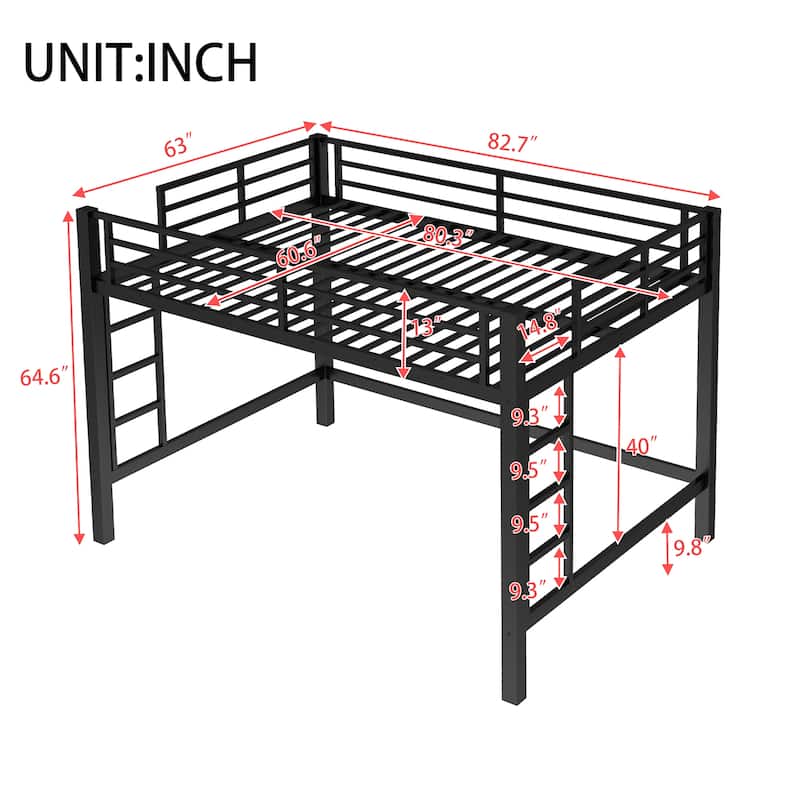 Twin/Twin XL/Full/Queen Size Metal Loft Bed with Guardrails and Dual Ladders, Space-Saving Loft Bed Frame for Bedroom or Dorm