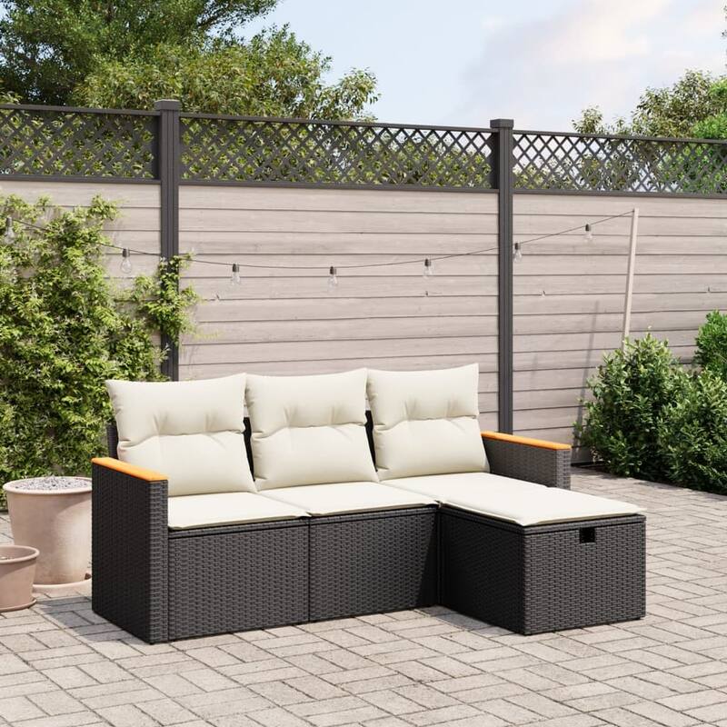 vidaXL Patio Sofa Set with Cushions Outdoor Furniture 4 Piece Poly Rattan - Black and cream without storage - 24.4 x 24.2 x 27.2 in
