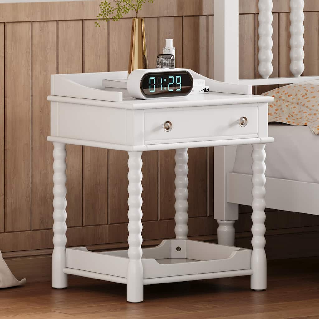 Modern White Nightstand with Drawer and Open Shelf, Gold Handle, Ideal for Bedroom