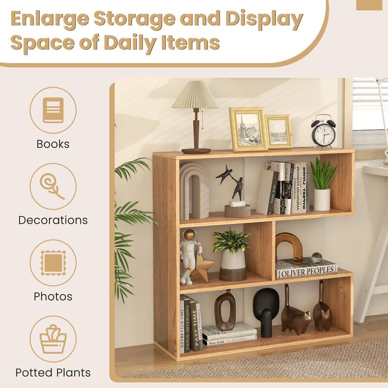 Natural Engineered Wood Geometric Bookshelf with Open Storage Shelves for Living Room or Office - 33" x 11.5" x 33" (L x W x H)