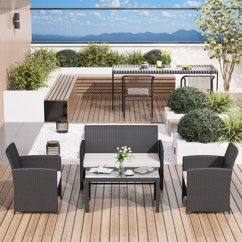 EROMMY 4-Piece Patio Furniture Set with Cushions, Wicker Sofa and Glass Coffee Table, All-Weather PE Rattan Conversation Set.