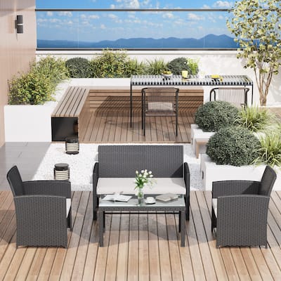 EROMMY 4-Piece Patio Furniture Set with Cushions, Wicker Sofa and Glass Coffee Table, All-Weather PE Rattan Conversation Set.