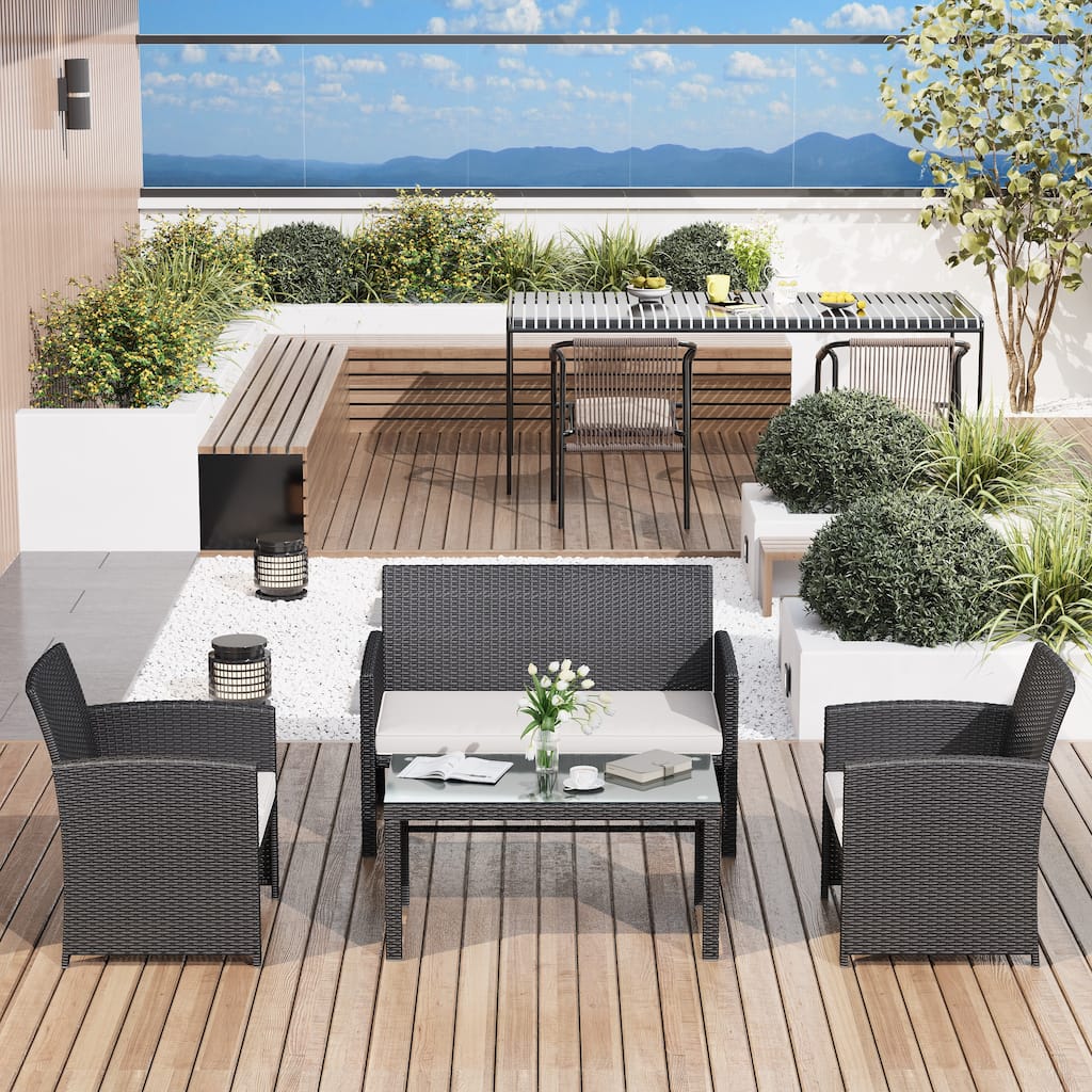 EROMMY 4-Piece Patio Furniture Set with Cushions, Wicker Sofa and Glass Coffee Table, All-Weather PE Rattan Conversation Set.