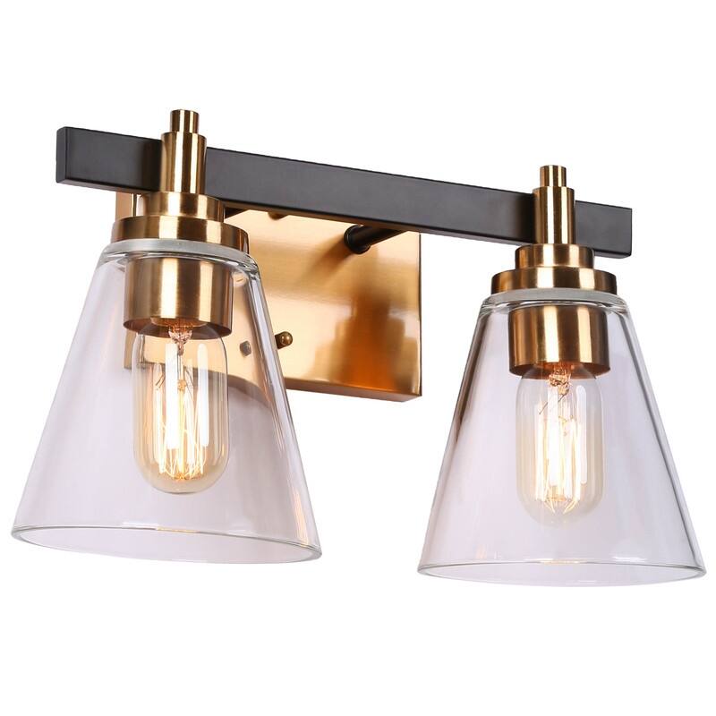 2/3/4 Light Mid-Century Modern Black Gold Bathroom Vanity Lights Clear Glass Wall Sconces - 2-Light