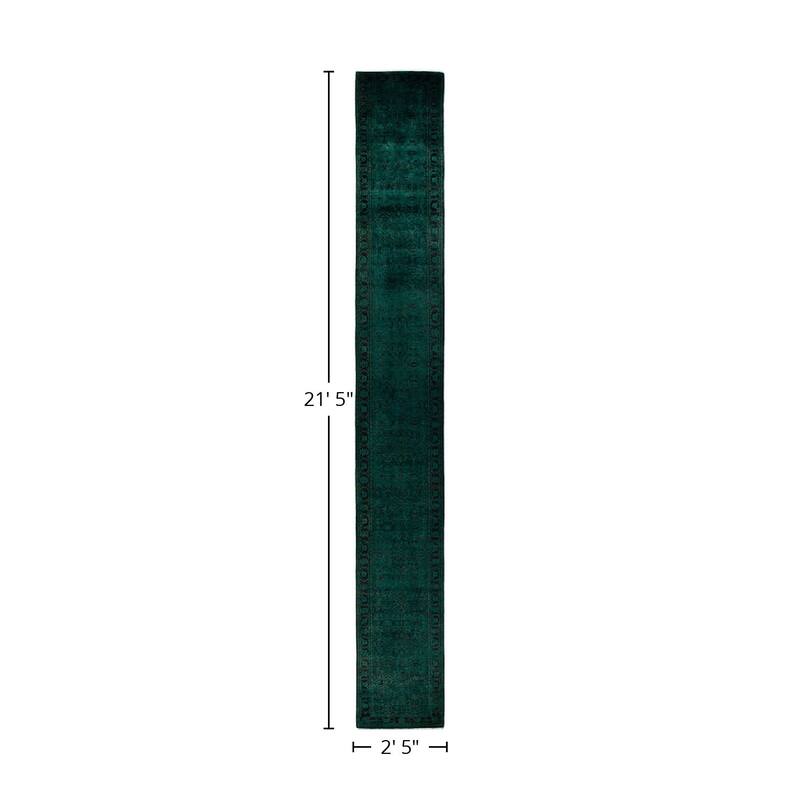 Overton Hand Knotted Wool Vintage Inspired Modern Contemporary Overdyed Green Runner Rug - 2' 5" x 21' 5"