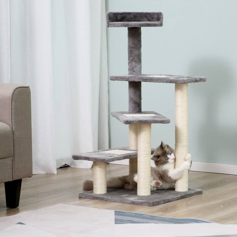 PawHut 40" 5-Level Revolving Stair Cat Tree Scratcher Climbing Activity Tower with Play Center and Resting Perch, Grey - 19" L x 19" W x 39.25" H - Beige