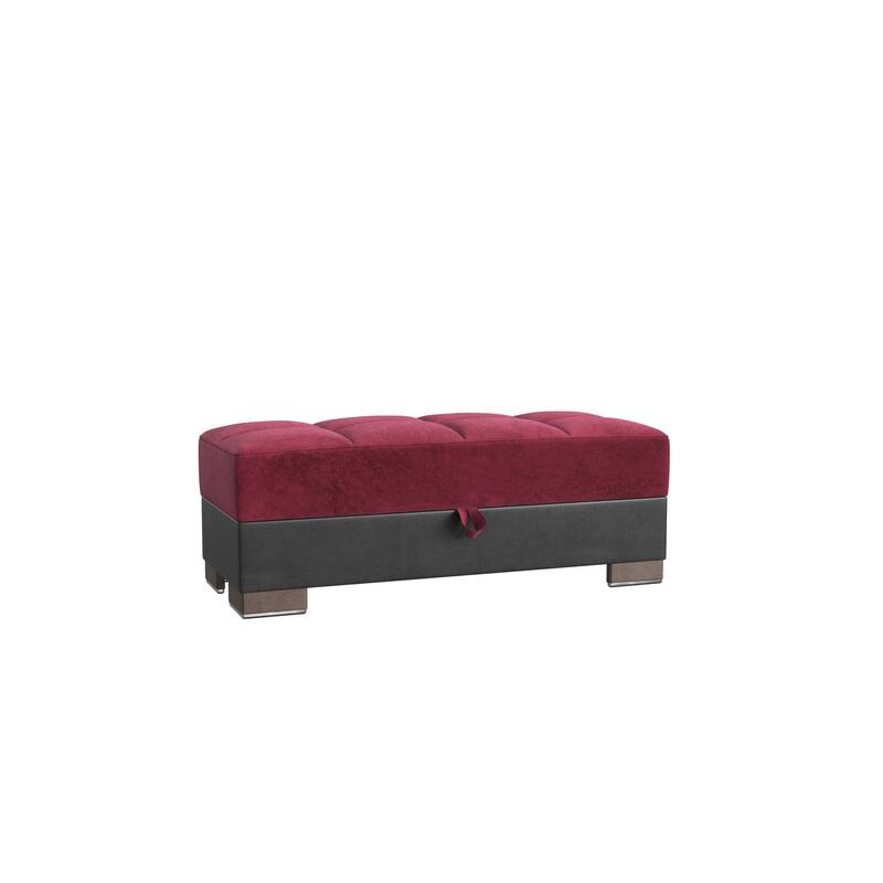 HomeRoots 52" Burgundy Black and Brown Faux Leather And Microfiber Tufted Storage Ottoman