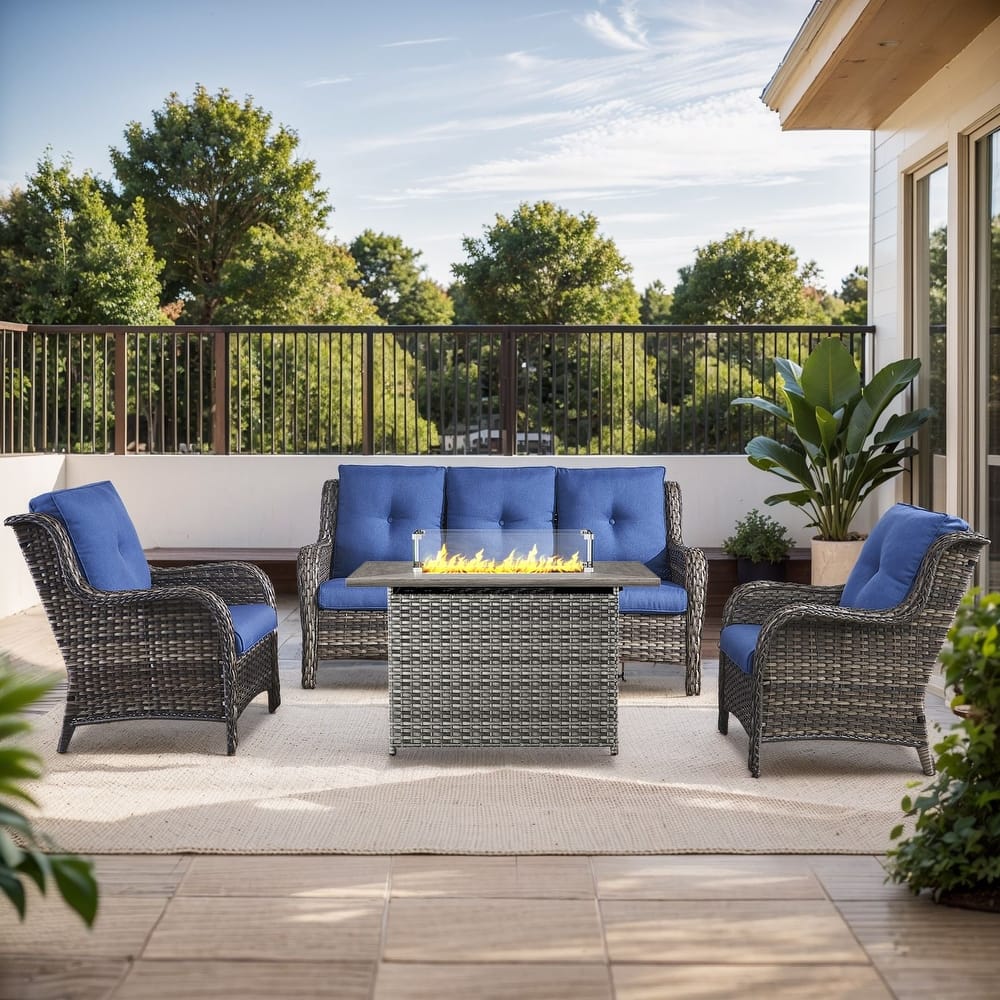 Gymojoy 4-Piece Outdoor Wicker Furniture Set, 2 Patio Chairs, 3-Seat Sofa & Fire Pit Table