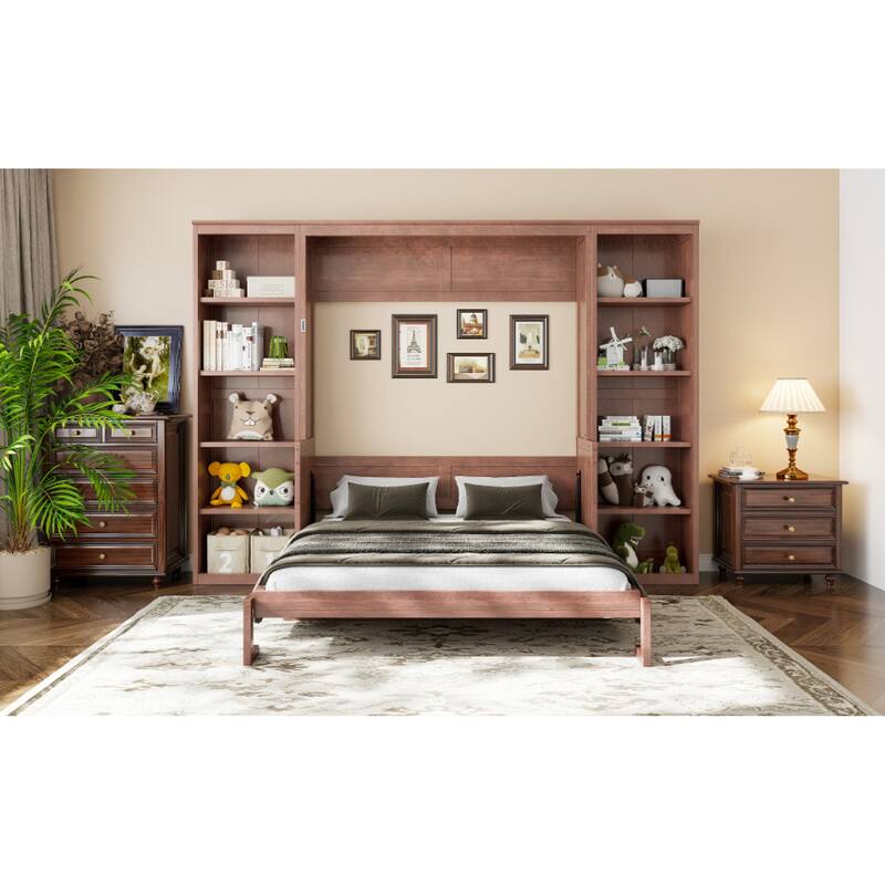 Roomfitters Full/Queen Size Murphy Bed with Desk and Bookshelf Storage, Space Saving, Dark Brown