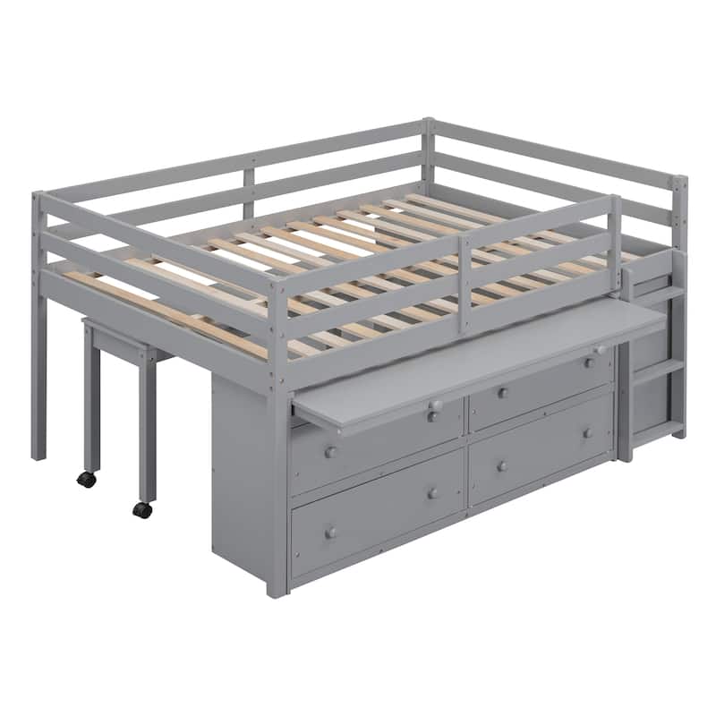 Full Size Loft Bed Frame with Retractable Writing Desk and 4 Drawers,Wooden Loft Bed with Lateral Portable Desk and Shelves