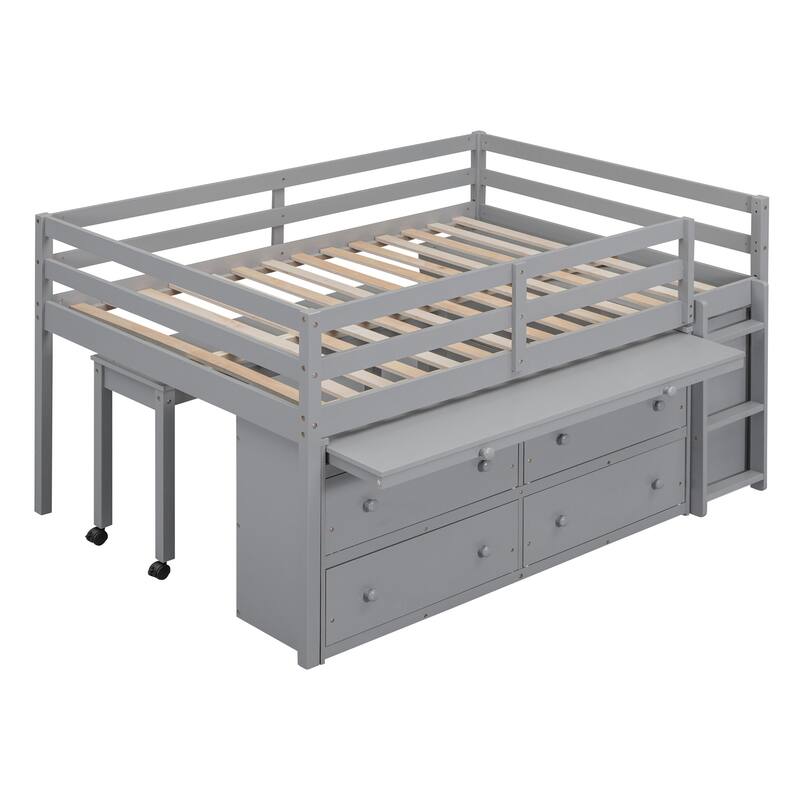 Twin/Full Size Low Loft Bed with Retractable Writing Desk and 4 Drawers, Wooden Loft Bed Frame w/ Lateral Portable Desk & Ladder