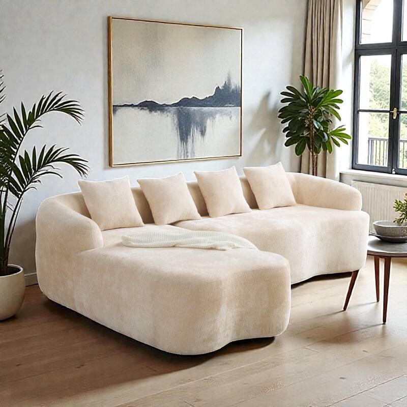 Full Compression L Shaped Sectional Sofa with Curved Chaise, Modular Chenille Couch for Apartment Living Room