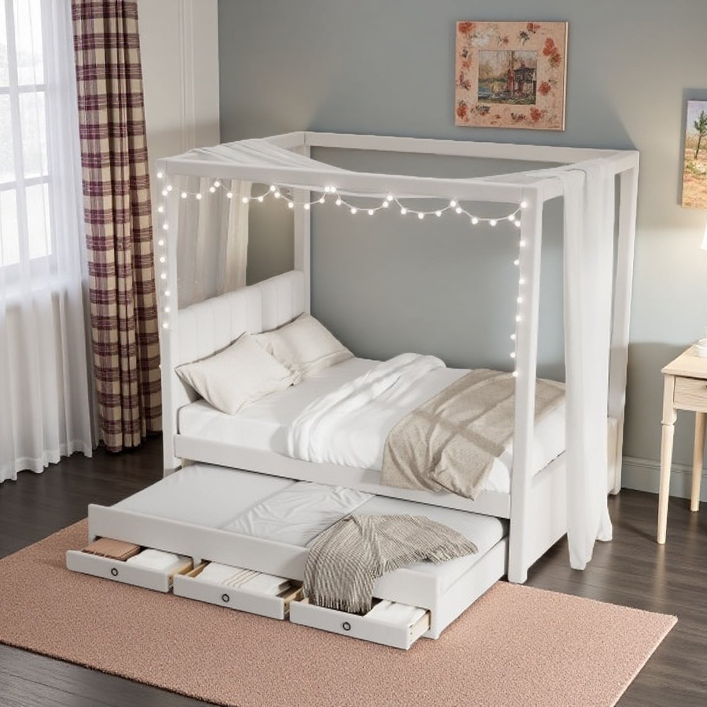 Full Size Upholstered Canopy Bed Frame with Trundle, 3 Storage Drawers, Beige Linen Finish, Space-Saving Design