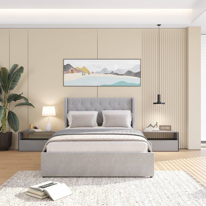 Full Size Platform Bed Frame with Wingback Headboard and 4 Hidden Storage Drawers, Stylish and Functional Bedroom Furniture