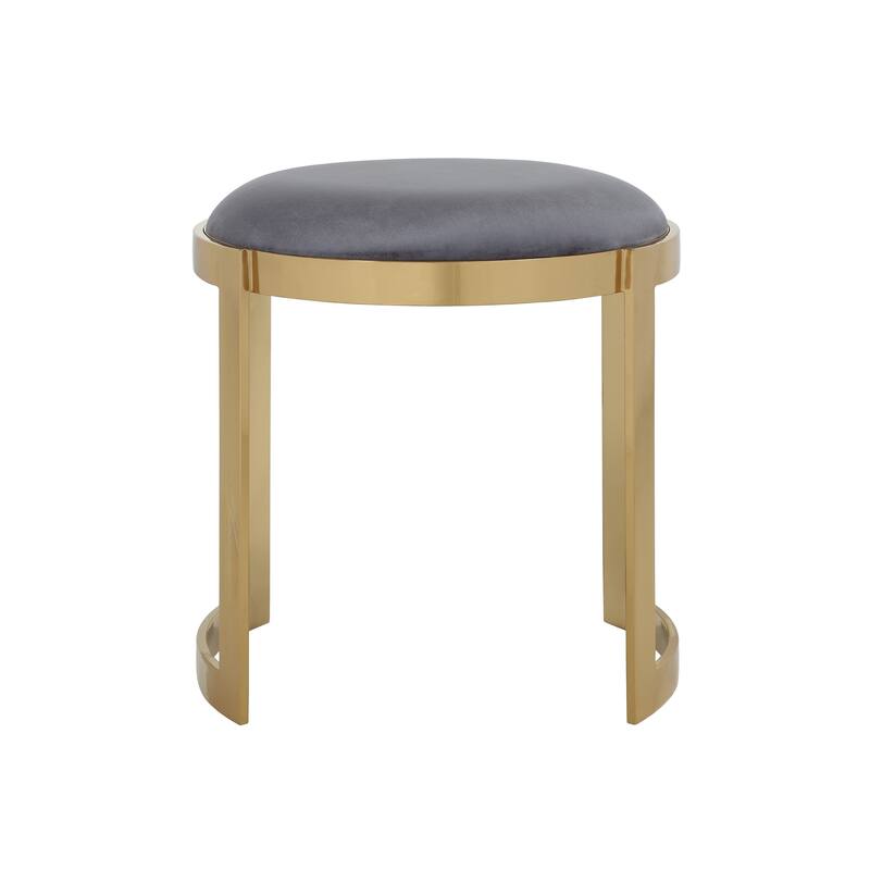 Niyo 19 Inch Accent Stool Ottoman, Round Cushioned Gray Velvet Seat, Gold