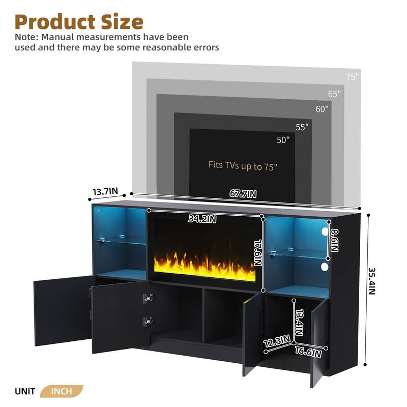 Modern High Gloss TV Stand with 34.2" Non-heating Electric Fireplace, LED Lighting for TVs up to 75"