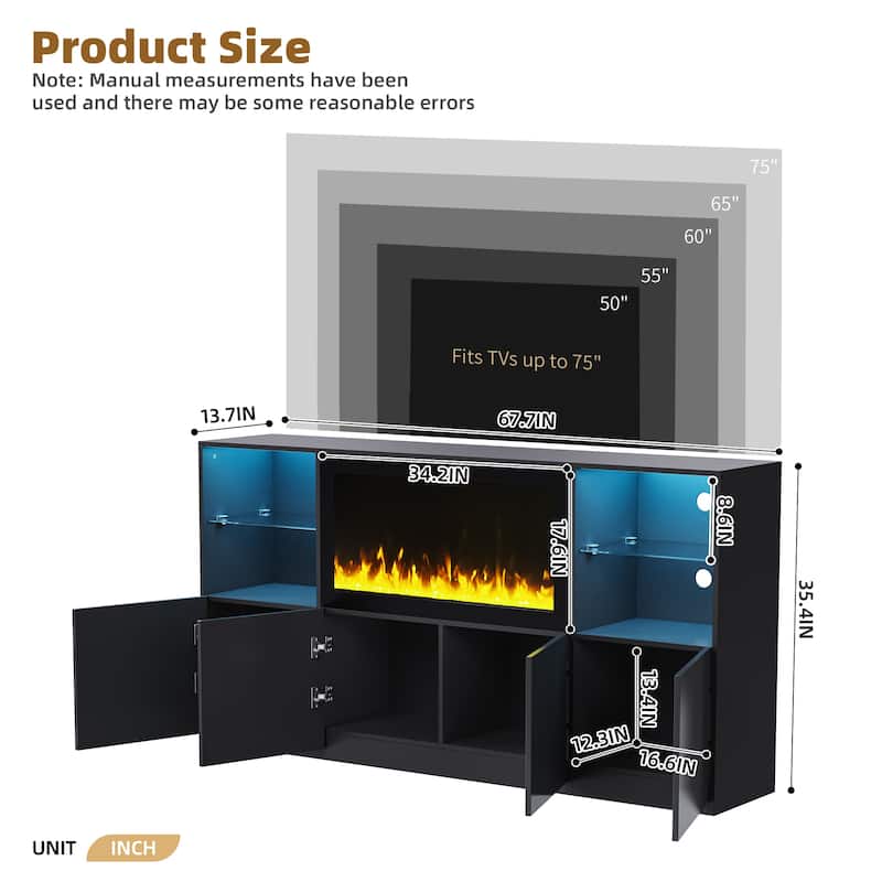 Modern LED TV Stand, for TVs up to 75 Inches with Electric Fireplace and Tempered Glass Shelf, for Living Rooms, Black