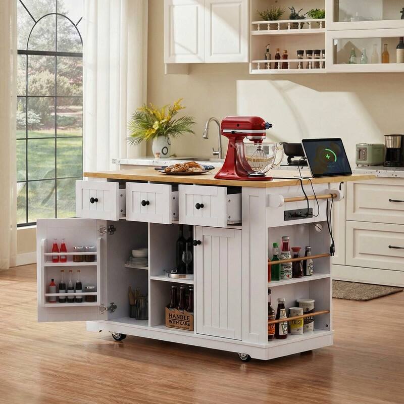 53" Kitchen Island with Drop Leaf,Rolling Kitchen Cart on 5 Wheels withDrawers, Power Outlet and Open Side Racks for Kitchen