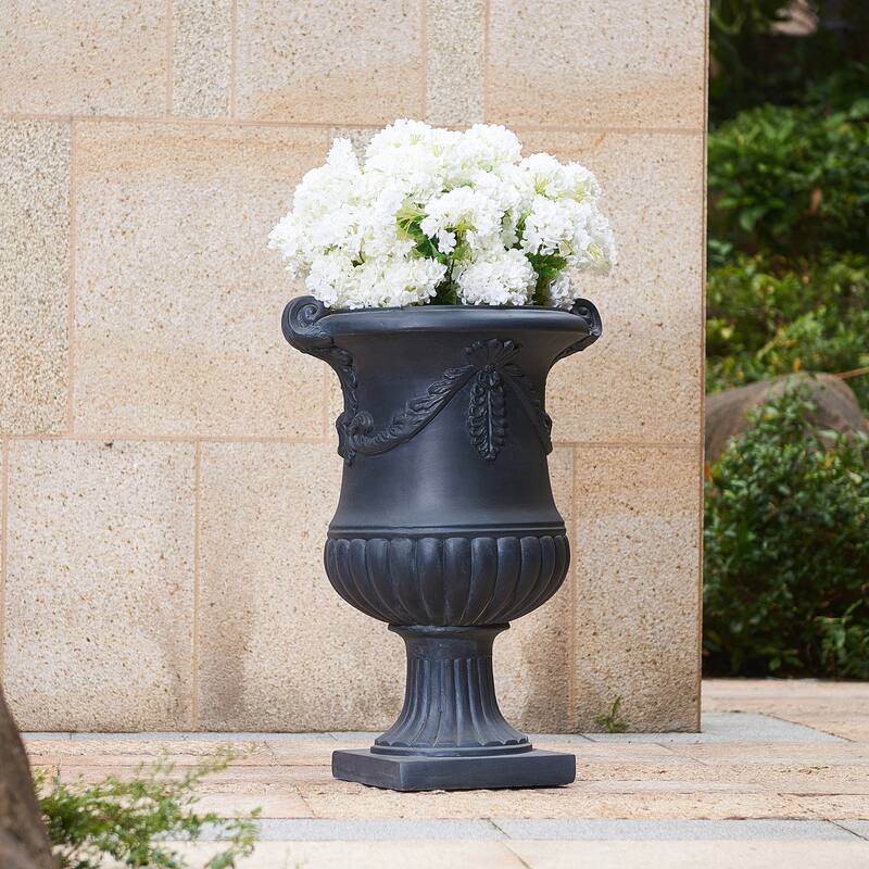 Christopher Knight Home - Fernrise 24.80"H Outdoor Classical Floral Relief Carvings MGO Urn Planter, Drainage Hole & Ventilation - Black - 1-Piece