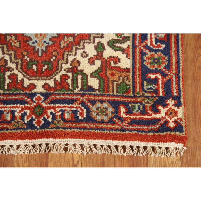 Hand Knotted Oriental 100% Wool Carpet Traditional Geometric Oranges & Rust Heriz (serapi) Runner Rug - 10' 0'' X 2' 6''