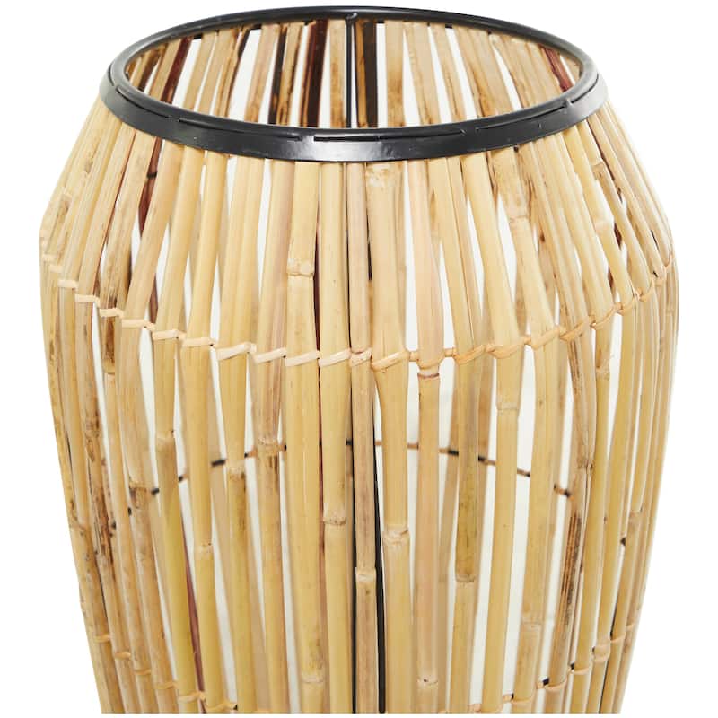 Brown Wicker Wood and Rattan Handmade Slatted Frame Vase with Black Metal Accents