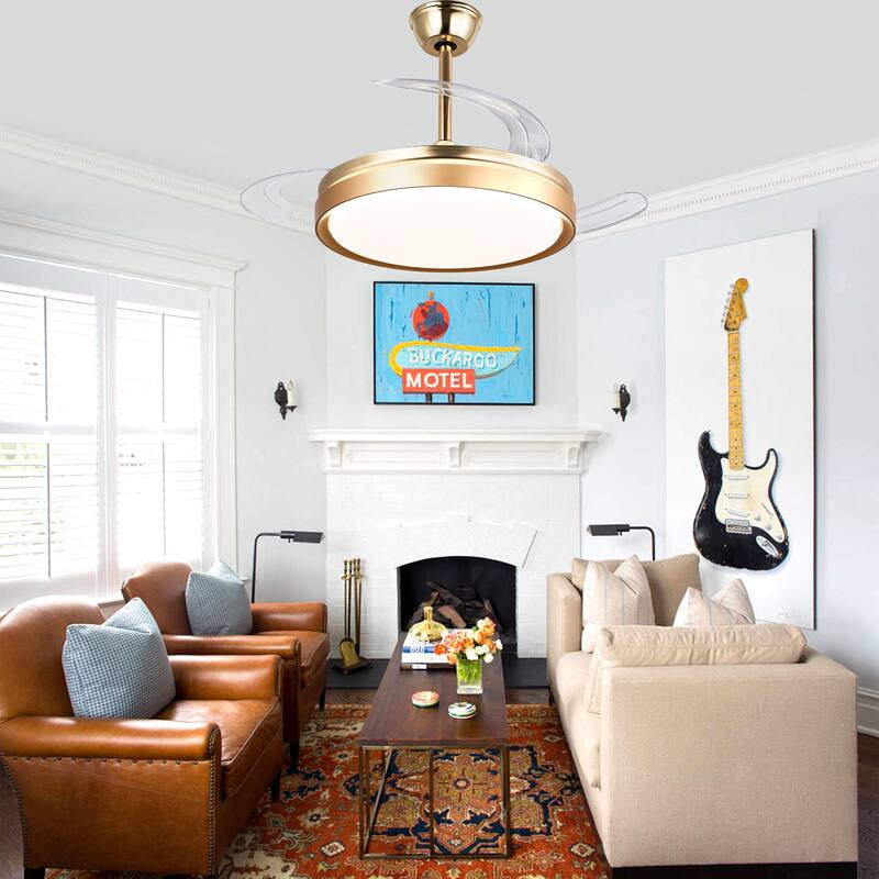 Cusp Barn 42 Inch Retractable Ceiling Fan with Lights, Modern Silent DC Motor 6 Speeds Chandelier Ceiling Fan for Bedroom