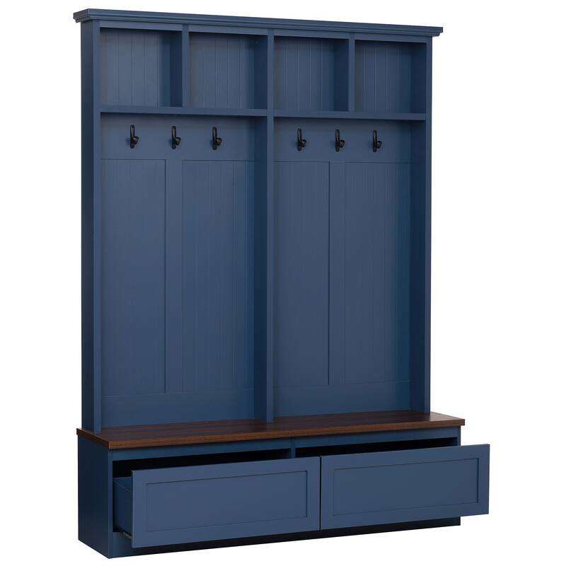 Hall Tree with Wood Bench, Entryway Bench Lounge Bench, Shoe Organizer Coat Rack with Open Compartments