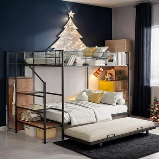 Artsy Twin Over Full Metal Bunk Bed, Versatile Bed Configuration with Trundle and Lateral Storage Ladder and Wardrobe, Black