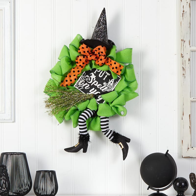26" Halloween Witch Broom and Hat Mesh Wreath - 26