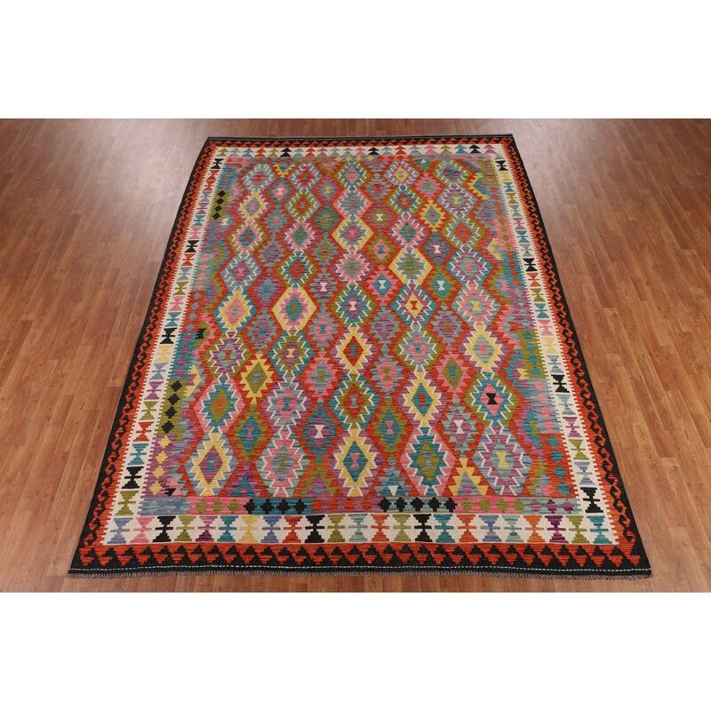 Reversible Kilim Area Rug Hand-Woven Bedroom Wool Carpet - 8'9" x 11'4"