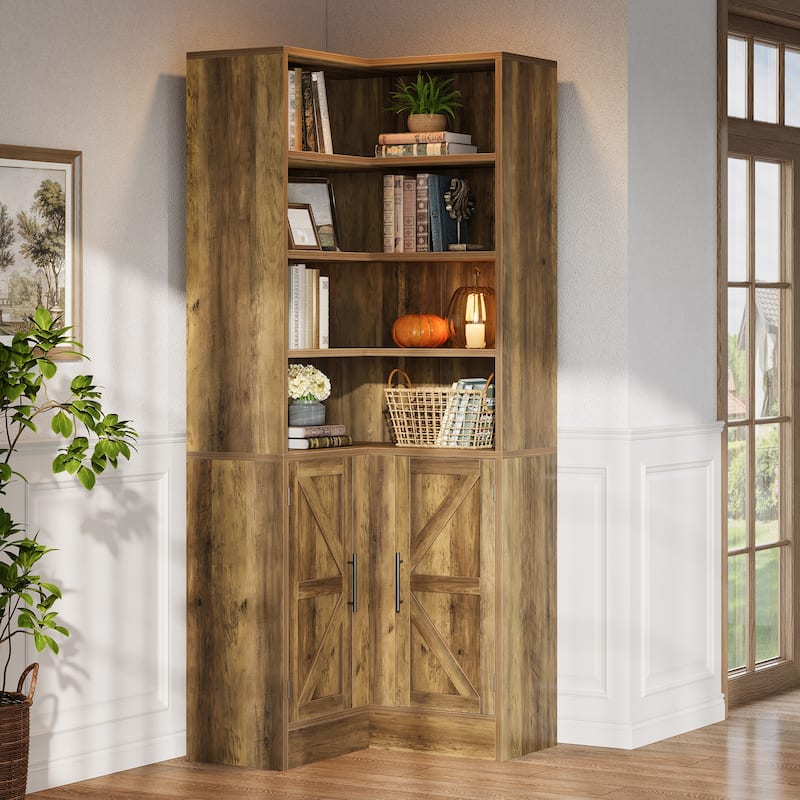 Farmhouse L-Shaped Corner Bookcase Bookshelf with Storage - Brown
