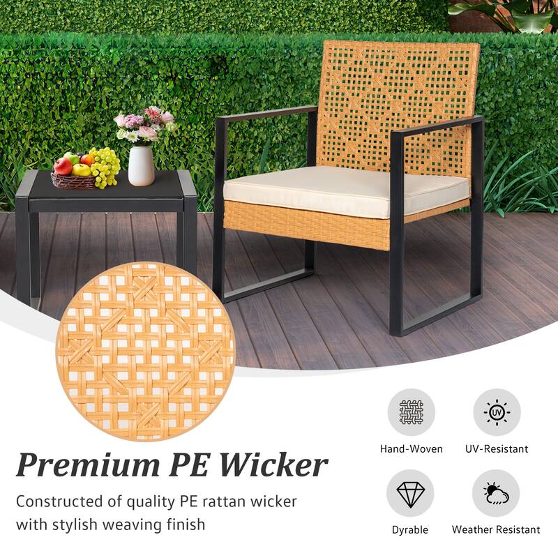 3 Pieces Patio Set Outdoor Wicker Furniture Sets, Modern Rattan Chair Conversation Sets with Glass Coffee Table