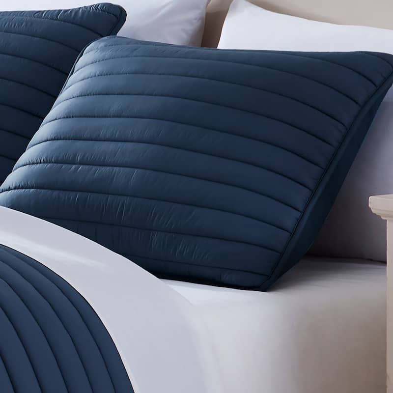 Cabe 3 Piece Queen Comforter Set, Polyester Puffer Channel Quilt, Navy Blue - 7'6" x 9'6"