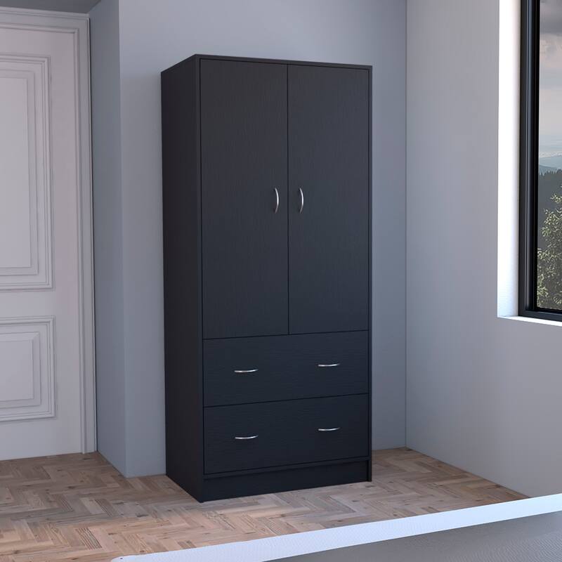 30.9" Modern Armoire with Double Doors, 2 Drawers and Hanging Rod for Bedroom - Black