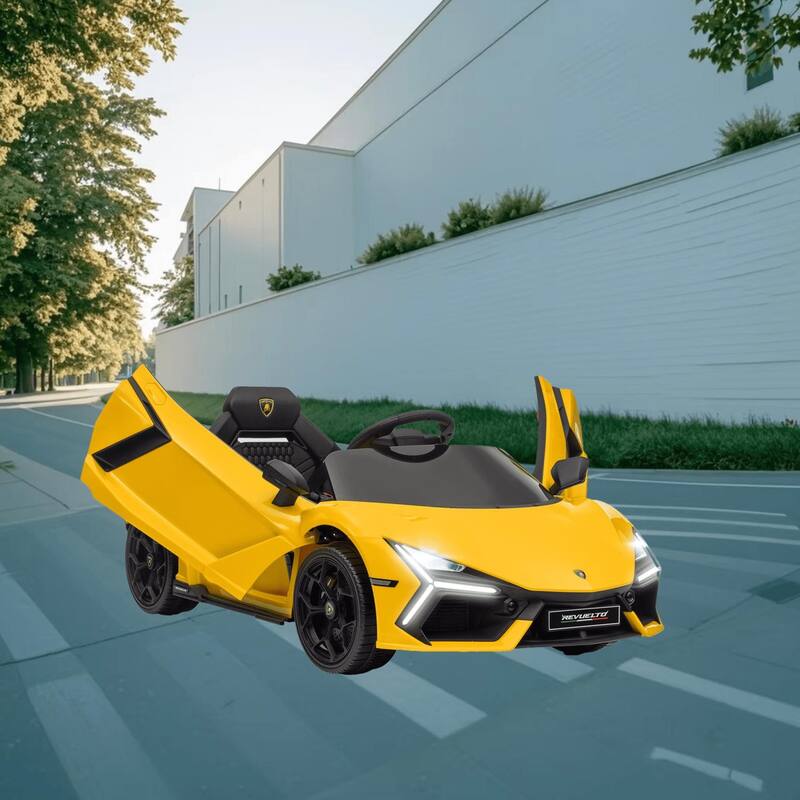 12V Lamborghini Revuelto Electric Ride-On Car for Kids with 3 Speeds, Parental Remote Control, and Hydraulic Butterfly Doors - Yellow