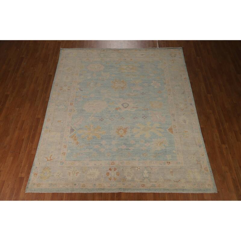 Vegetable Dye Blue Floral Oushak Turkish Area Rug Handmade Wool Carpet - 8'3"x 9'8"